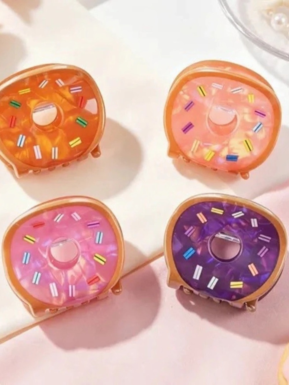 Pink Linen Donut Hair Claw Clips Set of 4 Clips Set in Pink & Orange - NWOT